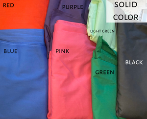 Solid color fabric choices: red fabric, purple fabric, blue fabric, pink fabric, light green fabric, green fabric, black fabric.